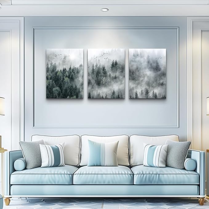 Canvas Wall Art For Living Room Modern Wall Decorations For Bedroom Foggy Forest Trees Landscape Wall Painting Office Wall Decor Canvas Prints Home Decor Ready To Hang Wall Pictures 16"X24"X3 Panels