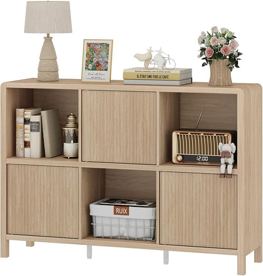 FATORRI 6 Cube Horizontal Bookshelf with 3 Doors, Modern Wood Book Shelf with Storage, Low Cubby Bookcase for Home Office (Light Walnut)