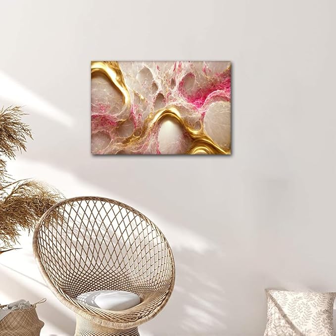 1 Panel Wall Art Decor for Home Modern Abstract Marble Textured Poster Prints on Canvas Modern Gold and Pink Picture Printing for Native Americans Room Wall Art Stretched Ready to Hnag 24x16 in