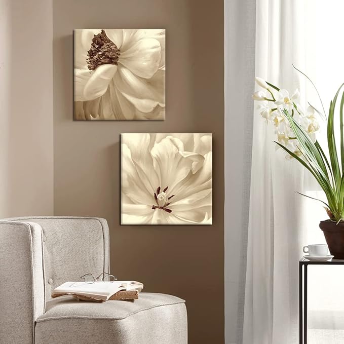 SEVEN WALL ARTS Flower Canvas Wall Art 2 Pieces Neutral Beige Floral Pictures Elegant Blossom Flowers Poster Print for Living Room Bedroom Office Boho Decor 24"x24"