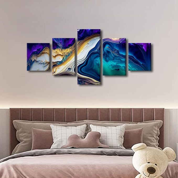 Canvas Walll Art Decor for Bedroom Wall Art Colorful Abstract Canvas Poster Prints on Canvas 5 Panel Liquid Marble Texture Picture for Office Wall Decor Stretched and Framed Ready to Hang 50x24 in