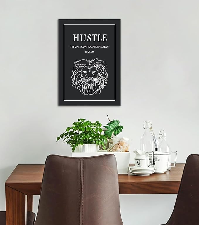 Inspirational Hustle Wall Art - Lion Head withEncouraging Quotes Canvas Print Motivational Wall Decor, Black and White Office Picturtes Success Posters for Living Room Home Workplace, Framed 12"x16"