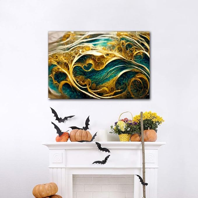 Modern Abstract Poster Decor 1 Panel Canvas Wall Art Golden Swirls Poster Printing Deep Sea and Soil Picture Prints on Canvas for Lady Men Living Room Bedroom Office Wall Decoration 36x24 in