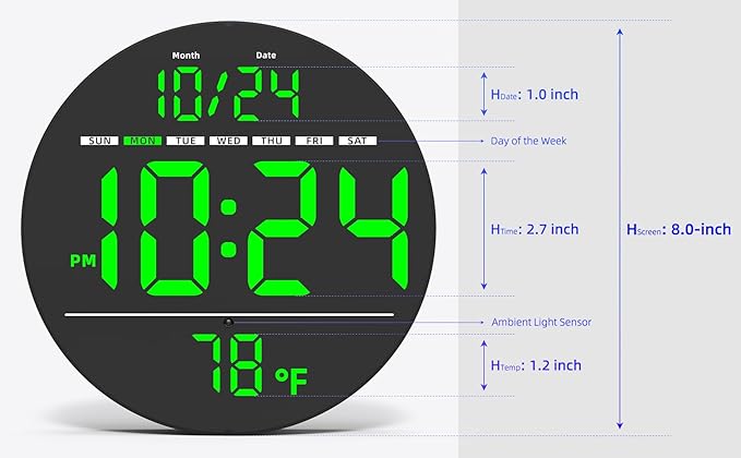 Digital Wall Clock with Large LED Display, Date, Temperature, Auto-Brightness | Small [PLUG-IN] Clock | Modern Electric Wall Clock for Bedroom, Classroom, Living Room, Home, Office, Farmhouse – Green