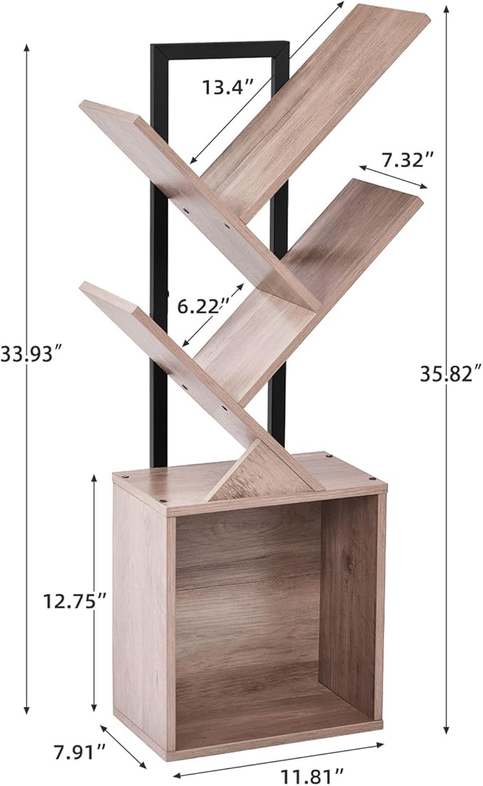 Tree Bookshelf Bookcase with Storage Cabinet, 4-Tier Modern Corner Bookshelves, Narrow Wood Book Rack, Mini Floor Standing Book Organizer for Kid Room, Bedroom, Living Room, Home Office, CD/DVD