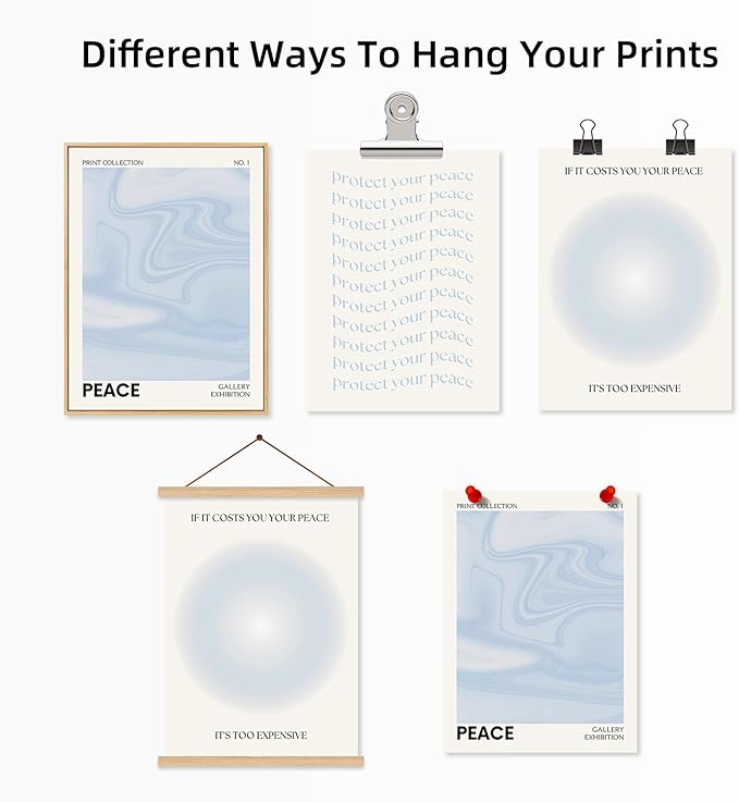 Blue Aura Wall Art Decor Retro Aesthetic Canvas Wall Art Pastel Abstract Pictures Prints Preppy Gradient Spiritual Poster Trendy Artwork Blue Painting for Room Bedroom 16x24 Inch Unframed Set of 3