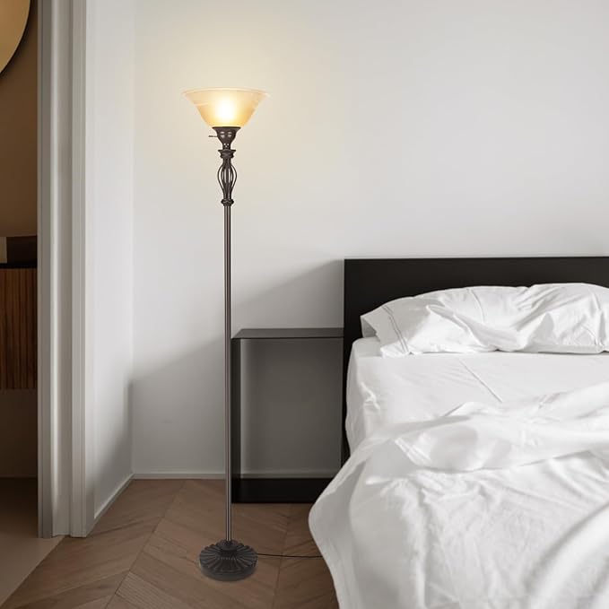 Torchiere Floor Lamps for Living Room, Standing Lamp with White Alabaster Glass Shade, Corner Floor Lamp Pole Lamp - Elegant Floor Lamp for Bedrooms with No Bulb (Brown)