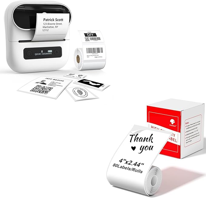Phomemo M220 Label Maker White & 1 Roll White Thermal Label 2.44" x 4"(62x100mm), Upgrade 3 Inch Barcode Portable Printer, for Office & Small Business, Compatible with Phones&PC