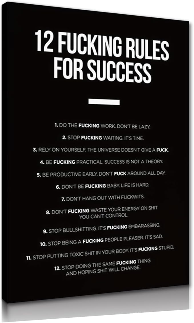 Yatsen Bridge Motivational Wall Art 12 Fucking Rules for Success Canvas Print Inspirational Office Decor for Entrepreneurs Black and Gold Home Decor Framed Ready to Hang 44x28 inch