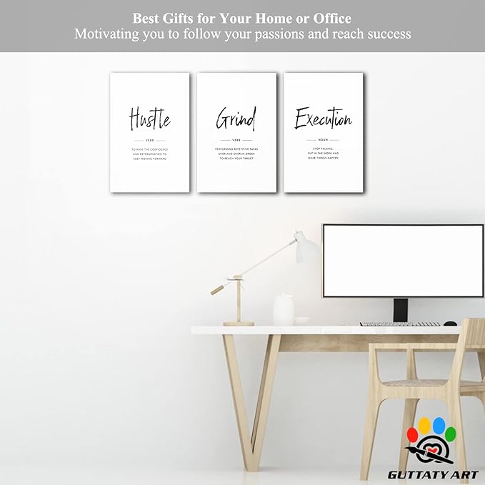 Office Wall Art - 3 Panel Motivational Wall Art, Inspirational Quotes Canvas Art for Home Office Wall Decor, Positive Quotes Wall Decor, Entrepreneur Grind Hustle Execution Poster Frame (12”x24”x3Pcs)