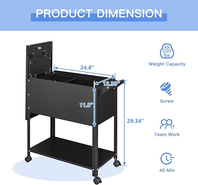 Yizosh Metal Rolling File Storage Cart with Wheels, Mobile File Cabinet with Lock, Filing Cabinet Organizer for Legal/A4 (Black)