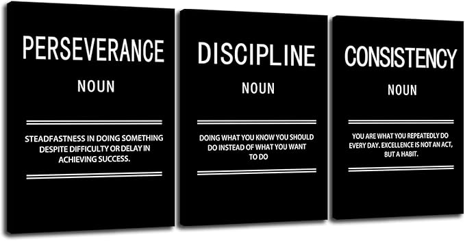 Perseverance Discipline Consistency Motivational Canvas Office 3 Panel Print Wall Art Inspirational Poster Painting Modern Inspiring Artwork for Home Living Room Decor Ready to Hang [36''Wx 16''H]