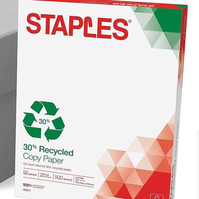 Staples 30% 8.5 x 11-Inch Copy Paper, 20 lbs., 92 Brightness, 500 Sheets/Ream, 5-Ream/Carton