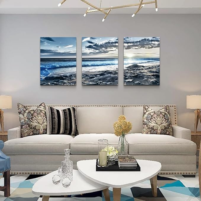 DZRWUBHS Canvas Wall Art - Modern Decor for Living Room, Office & Bedroom - 3 Piece Blue Beach Seascape Wall Prints