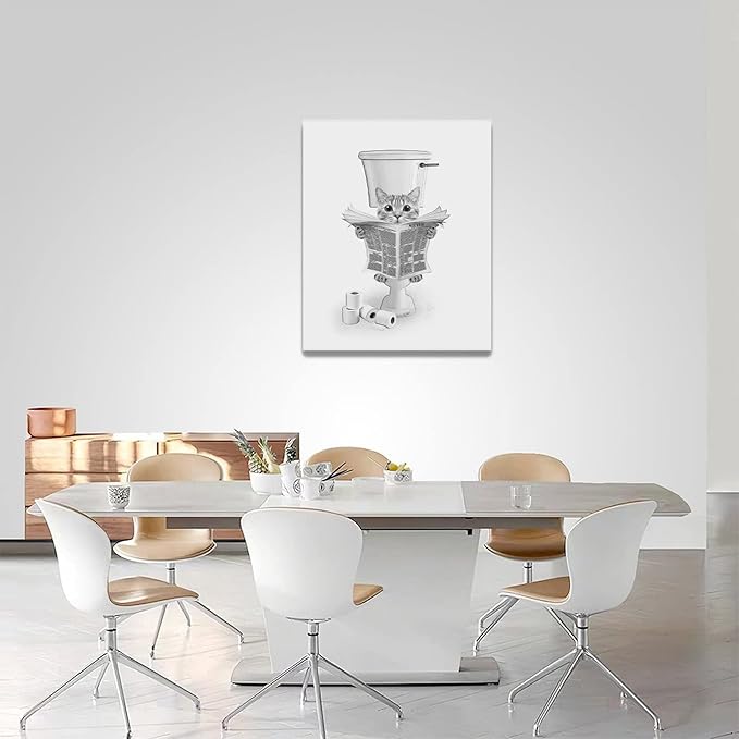 yerretin Funny Cat Bathroom Wall Art Black and White Cat Pictures Wall Decor Animal Bathroom Canvas Painting Modern Artwork Home Decorations Framed Ready to Hang 16"x20"