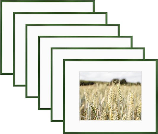 Golden State Art 11x14 Picture Frame 6 Pack - Dark Green Aluminum Photo Frames With 8x10 Mats and Real Glass Cover - Elegant Minimalist Wall Gallery Frames for Home or Office Decor