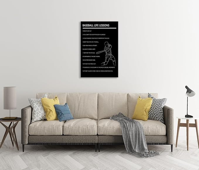 Inspirational Wall Art “Baseball Life Lessons ”Motivational Wall Decor 12 Life Lessons from the Game Ideal Wall Decor for Bedroom Gym Locker Room Inspirational Gift for Athletes Framed [24" W X 36" H]