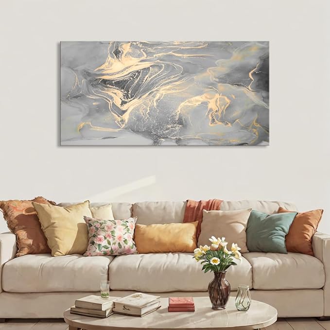 liysawg Wall Art Abstract Canvas Painting Gray Wall Decor Fluid Ink Modern Artwork for Living Room Bedroom Dining Room Home Office Decor 71"x36"
