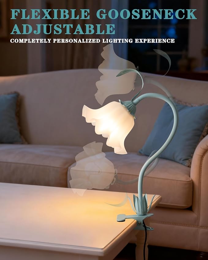 Flower Lamp Clip on Light, 3 Color Modes Eye-Caring Desk Lamp with Clamp, Dorm Room Essentials, Flexible Neck Reading Clamp Lamps for College Bedside Bookshelf Studying Room (Powder Blue)