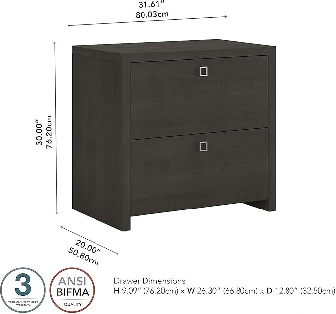 Bush Furniture Lateral File Cabinet with Satin Silver Hardware | Echo Collection 2 Drawer Filing Unit for Home Office or Professional | 31Wx20Lx30H