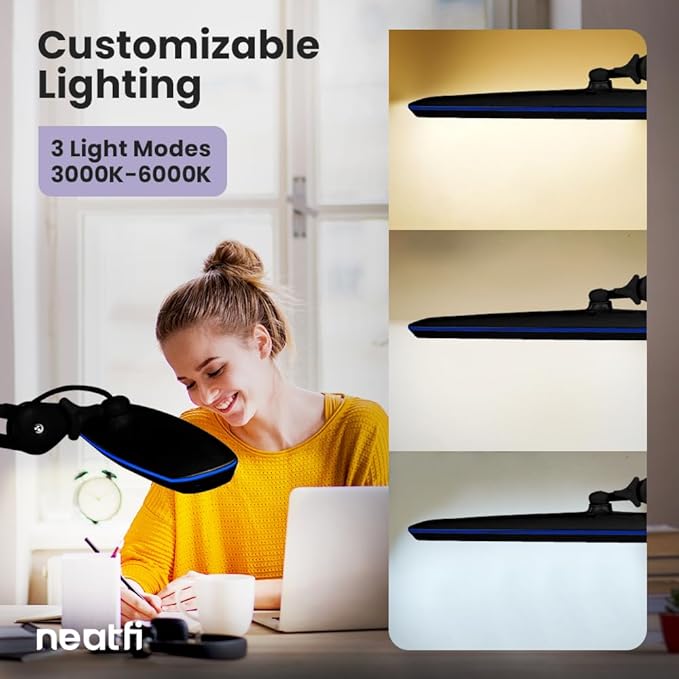 Neatfi XL 2,200 Lumens 20W LED Task Lamp – 23” Ultra-Wide Head | 182 SMD LEDs | 4 Brightness Levels | 3 Light Modes | Eye-Caring, Glare-Free | Adjustable Arm (Black, CCT with Clamp)