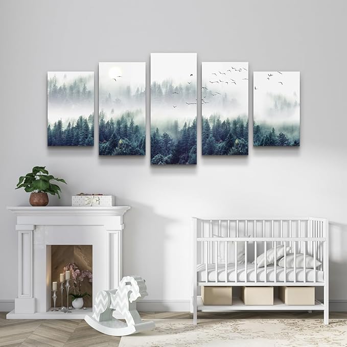 Canvas Wall Art For Living Room Wall Decorations For Bedroom Modern Office Wall Decor Foggy Forest Trees Landscape Paintings Stretched And Framed Ready To Pictures Home Decor 5 Piece Set W60”x H30”