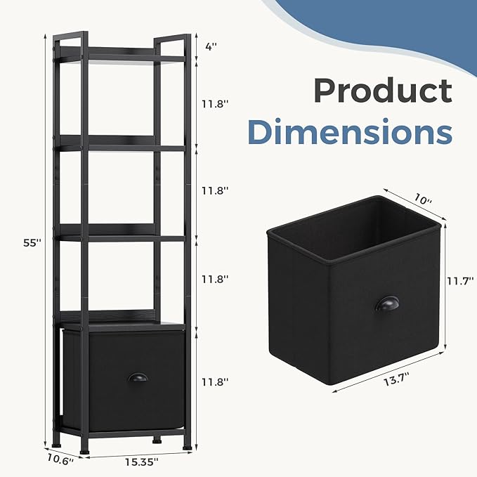 DUMOS 5 Tier Bookshelf, Bookcase with Fabric Drawer, Multi-Functional Display Standing Shelf for CDs/Books/Movies, Wood and Metal Storage Organizer in Bedroom, Living Room and Closet, Black