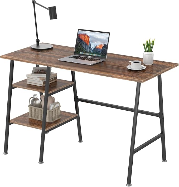 VECELO 43 Inch Computer Desk Writing Study Work Office Table Modern Desk with Shelves Wooden Desk for Home Bedroom,Walnut Desk