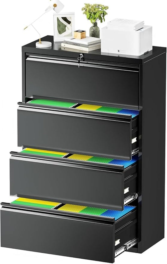 Incbruce 4 Drawer Lateral File Cabinet with Lock, 28" W Under Desk Filing Cabinet Filing Cabinets for Home, Office, Fit A4/F4/Letter/Legal File (Black)