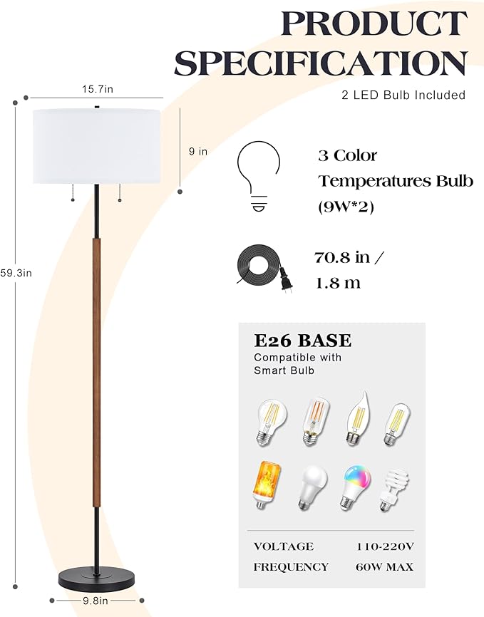 BTP Modern Floor Lamp for Living Room, 2-Light Wood Standing Lamp with Dual Switch, Tall Reading Standing Light for Bedroom Office Dining Room Farmhouse, 3 Color Temperatures 9W Bulbs*2 Included