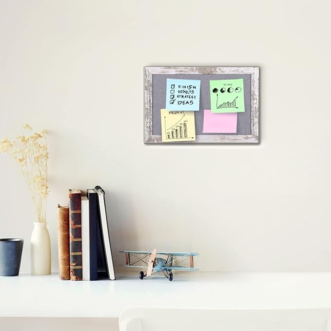 Gray Felt Bulletin Board, Small Decorative Hanging Bulletin Boards for Walls with White Rustic Wood Frame, 11.8x8.6 inches Pin Board Vision Board for Office Home School with Pins(2230,WH,1p)