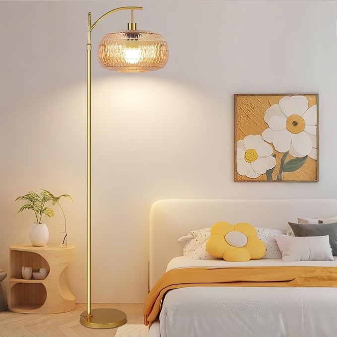 Glass Floor Lamp for Living Room,Bedroom,Gold Mid Century Modern Standing Lamp with Remote,Dimmable Brass Tall Lamp Amber Lamp Vintage Retro Arc Floor Lamps Floor Light Boho Bohemian
