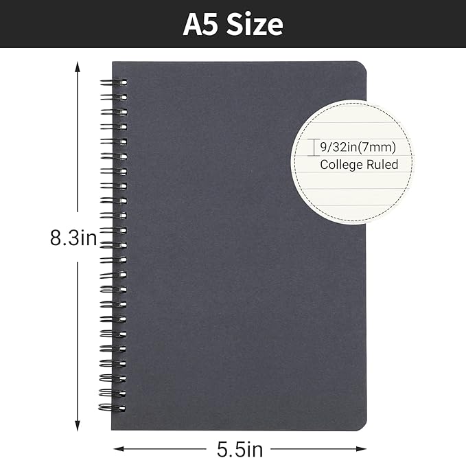 EUSOAR Hard Cover Spiral Notebook, A5 3Pack 5.5"x8.3" 120 Pages Graph Spiral Notebook Journals, Wirebound Journal Sketch Notebook for Math and Science Students Engineering Artist Drawing