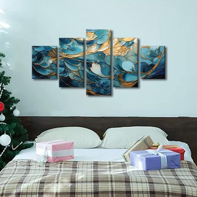 Abstract Canvas Wall Art Modern Marble Artwork Wall Art Decor Blue and Gold Abstract Pattern Printing 5 Panel Canvas Poster for Men Lady Bedroom Decor Stretched and Framed Ready to Hang 60x32 in