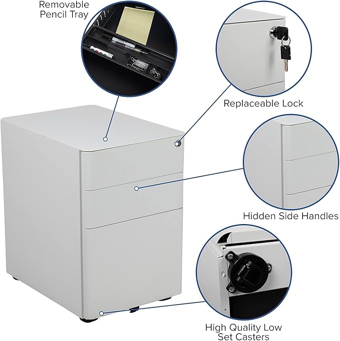 Flash Furniture Warner Modern 3-Drawer Mobile Locking Filing Cabinet with Anti-Tilt Mechanism and Hanging Drawer for Legal & Letter Files, White
