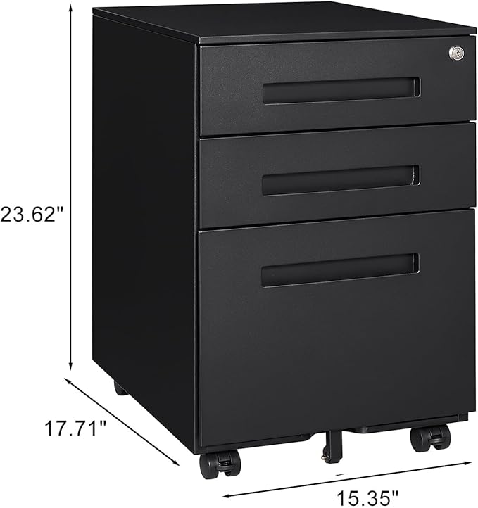 3-Drawer Mobile File Cabinets Rolling Metal Filing Cabinet for Legal & Letter File Anti-tilt Design with Lock Under Desk Office Drawers Fully Assembled Except Casters (Matt Black)