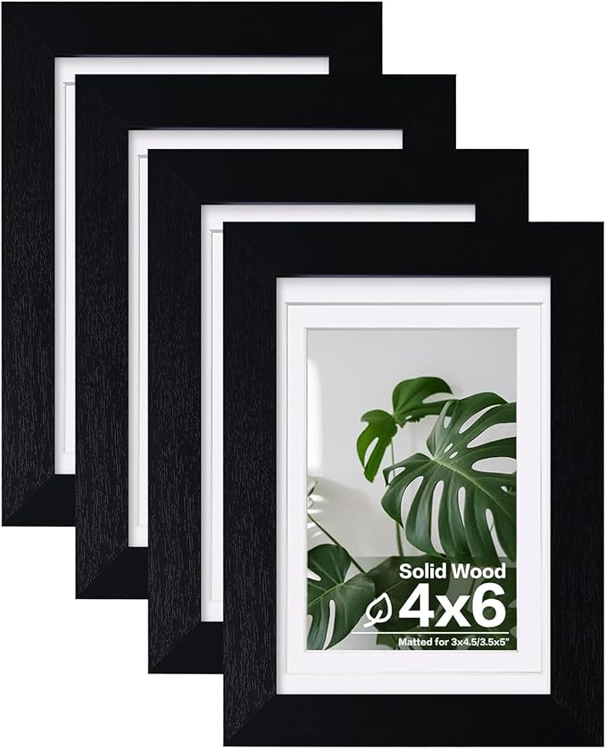 Egofine 4x6 Picture Frames 4PCS Covered by Plexiglass, for Picture 3x4.5/3.5x5 with Mat or 4x6 whitout Mat, Made of Solid Wood for Table Top Display and Wall Mounting Photo Frame, Black with Texture