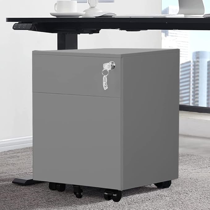 2 Drawer Mobile File Cabinet for Storage Under Desk in Home Office, Mobile File Cabinet, Metal File Cabinet with Lock, Legal/Letter /A4/F4 Size, Fully Assembled, Including Wheels, Grey