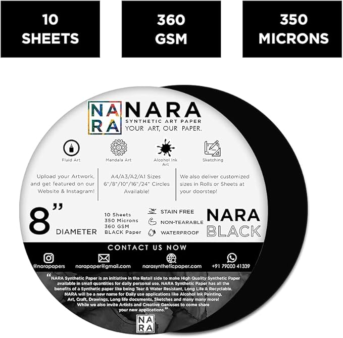 NARA Alcohol Ink Paper | Black | 8” Diameter Circle | 350 microns/360 GSM | 10 Sheets | Medium+ Paper | Paper for Alcohol Ink Art Painting | 100% Stain-Free