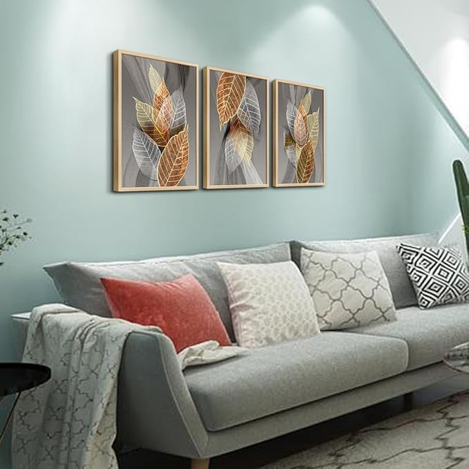 Natural Wood Framed Wall Art For Living Room Large Wall Decorations For Kitchen Bedroom Wall Decor Abstract Leaves Painting Inspirational Pictures Artwork Bathroom Home Decor of 3 Piece Art Prints