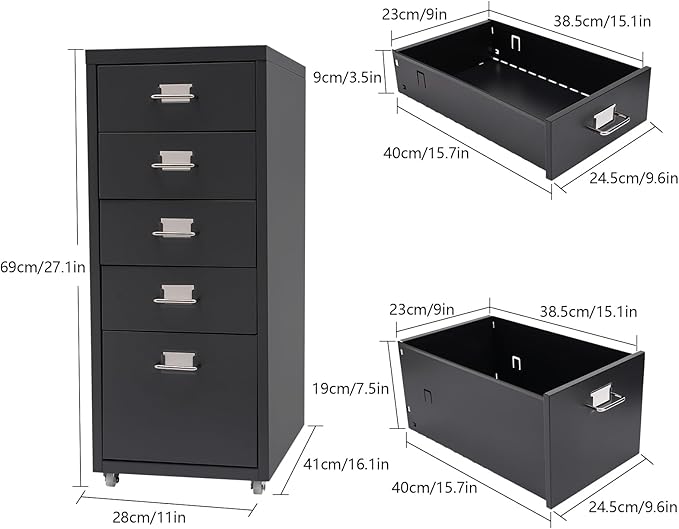5 Drawer Mobile File Cabinet, Metal Mobile Filing Cabinets with Lock, Storage Organization with Wheels Vertical Filing Chest Rolling Wood for Home Office to Organization Hanging Letter/Legal/F4/A4