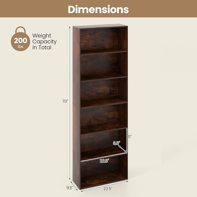 Giantex 6-Tier Bookcases Set of 2, 70" Tall Wooden Bookshelf, Freestanding Storage Organizer w/Open Shelves, Anti-Tipping Kits, Modern Floor Standing Display Shelves for Living Room, Rustic Brown