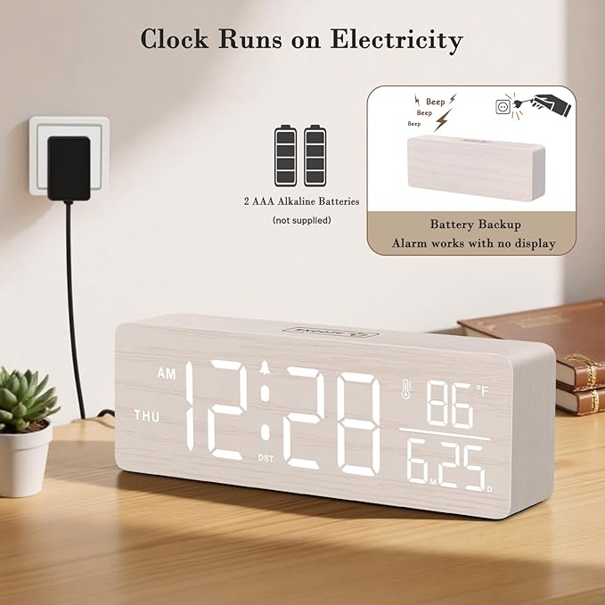 DreamSky Wooden Digital Alarm Clocks for Bedrooms – Large Display Desk Clock with Date & Day of Week for Living Room, Temperature, Dimmer, Adjustable Volume, Auto DST, Office Wood Décor (Plug-in)