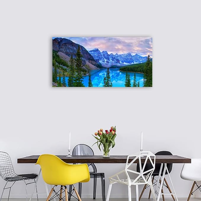 Mountain Lake Wall Art Living Room Wall Decor Banff National Park Nature Landscape Canvas Picture Blue Sky Water Forest Canvas Print Artwork for Bedroom Office Home Framed Ready to Hang 20" x 40"