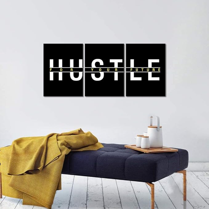 3 Piece Hustle Wall Art - Black Office Wall Decor Inspirational Quotes Poster Hustle For Your Future Painting Picture Inspiring Words Print Motivational Artwork for Home Study Room, Framed 12"x16"x3