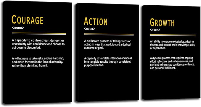3 Pieces Inspirational Wall Decor COURAGE ACTION GROWTH Noun Painting Modern Artwork Positive Quotes Promote Personal Progress Motivational Wall Art for Office Home Workplace Framed [48''Wx 24''H]