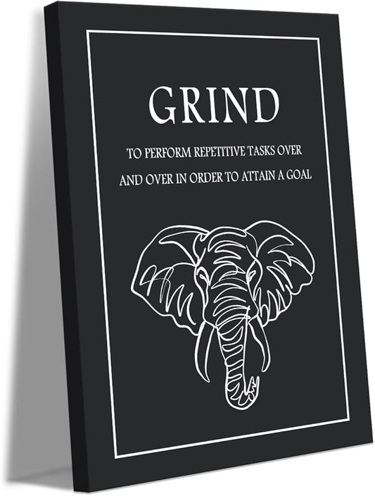 Grind Motivational Wall Art - Black and White Elephant Line Drawing with Inspiring Quote Canvas Print Entrepreneurial Success Poster Inspirational Wall Decor for Office Home Workplace, Framed 12"x16"