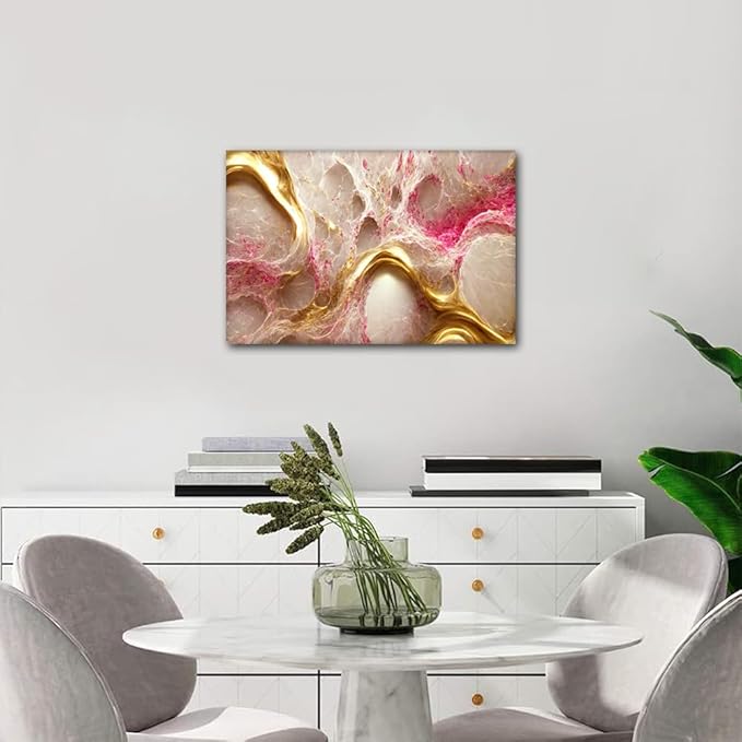1 Panel Wall Art Decor for Home Modern Abstract Marble Textured Poster Prints on Canvas Modern Gold and Pink Picture Printing for Native Americans Room Wall Art Stretched Ready to Hnag 24x16 in