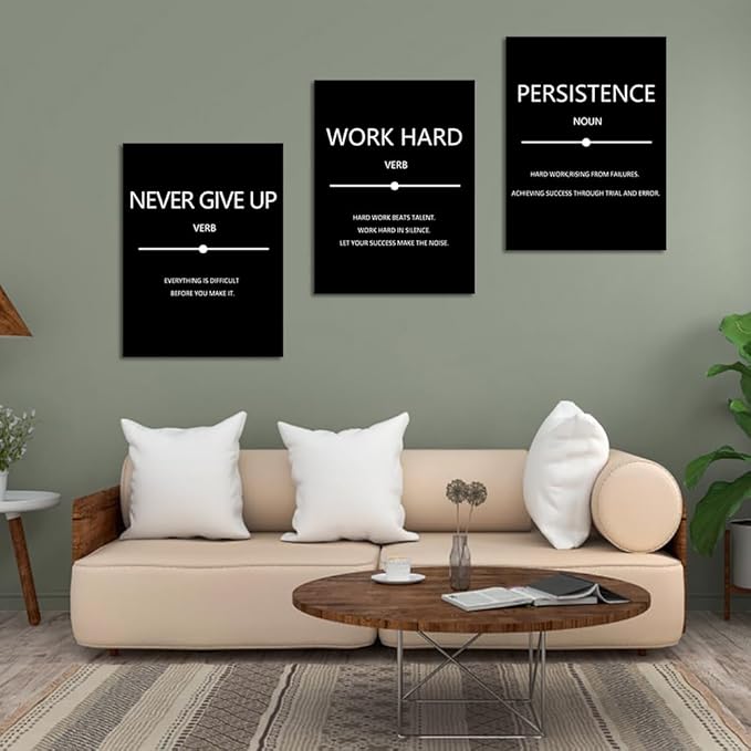 Unbruvo Inspirational Canvas Wall Art, Motivational Office Wall Decor, 3 Pieces Black Never Give Up Positive Quotes Wall Art for Workplace Living Room Bedroom(72''Wx 36''H)