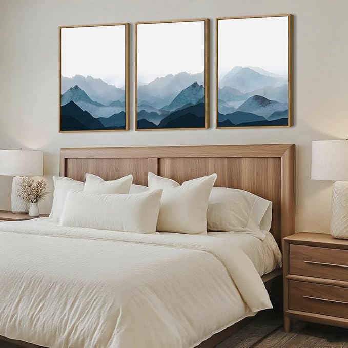 BINCUE Framed Blue Mountain Wall Decor Fog Blue Ridge Mountains Wall Art 16x24 Inches Minimalist Landscape Paintings Framed Mountains Wall Art Decor Simple Landscape Artwork for Living Room Bedroom Office Set of 3